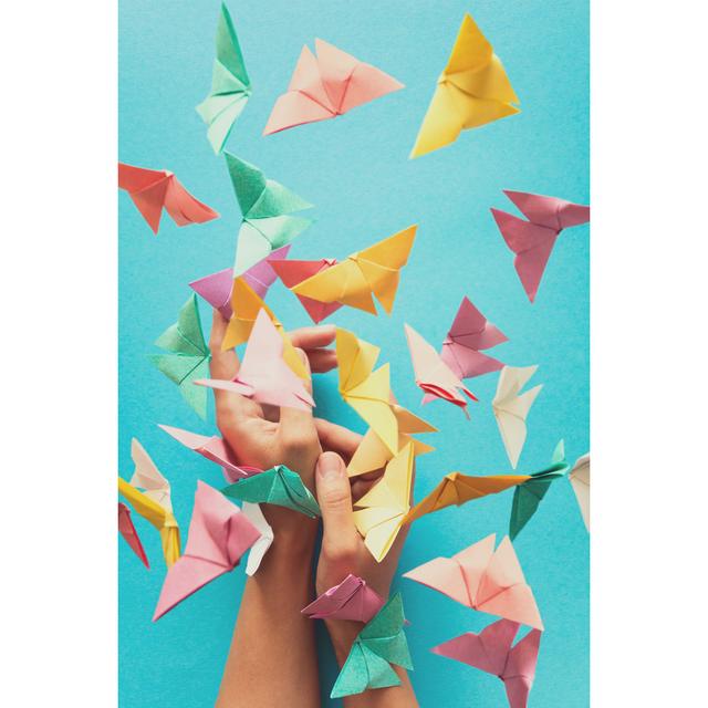 Colorful Paper Butterflies by TShum - Wrapped Canvas Print Marlow Home Co. Size: 122cm H x 81cm W x 3.8cm D on Productcaster.