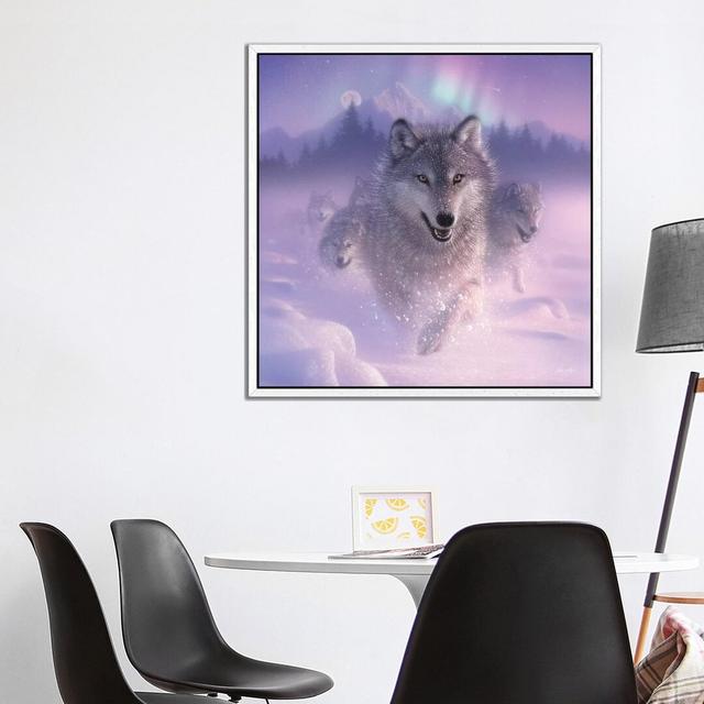 Northern Lights - Running Wolves by Collin Bogle - Graphic Art Print on Canvas Alpen Home Format: White Framed Canvas, Size: 93.98cm H x 93.98cm W x 3 on Productcaster.