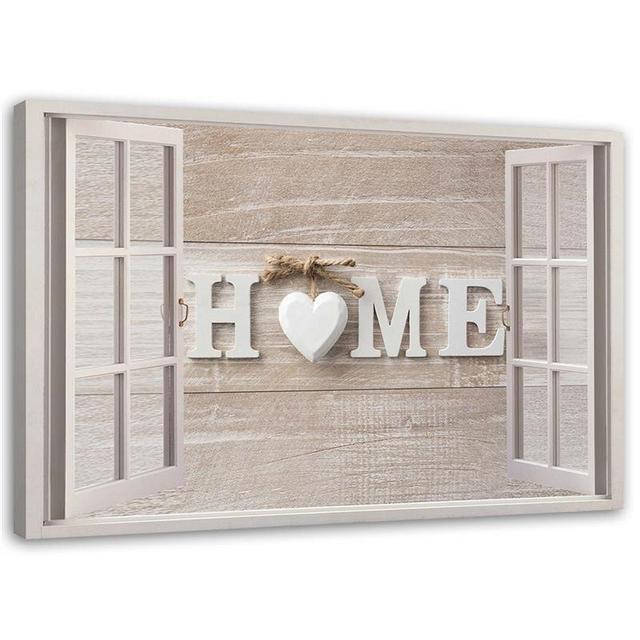 Leinwandbild Home Inscription Window Wooden Background House of Hampton Größe: 60 cm H x 90 cm B on Productcaster.