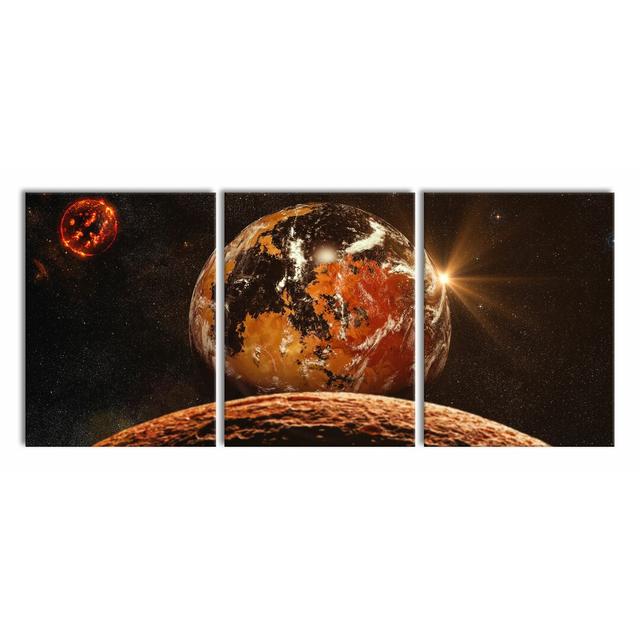 Red Planets In The Galaxy - 3 Piece Wrapped Canvas Print East Urban Home Size: 80cm H x 180cm W on Productcaster.