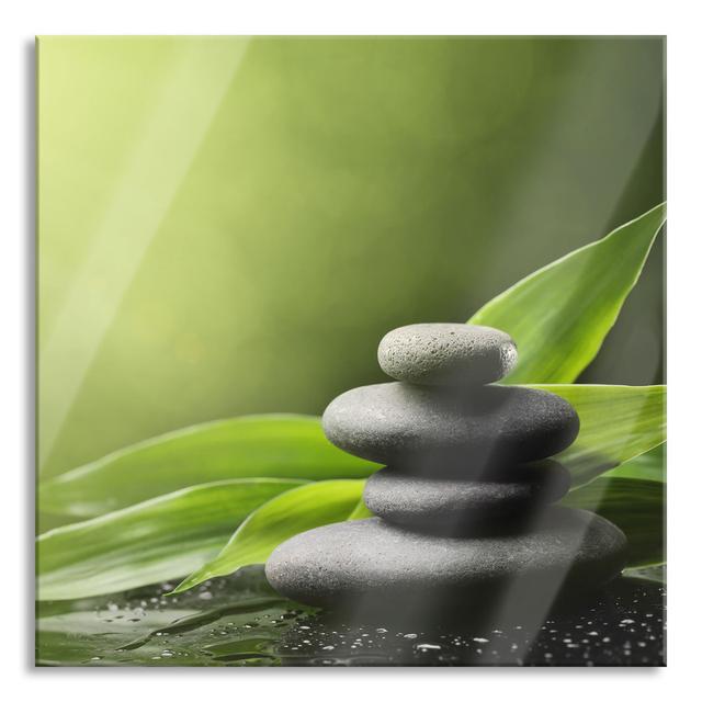 Zen Stones With Leaves - No Frame Print on Glass Brayden Studio Size: 70cm H x 70cm W x 0.4cm D on Productcaster.