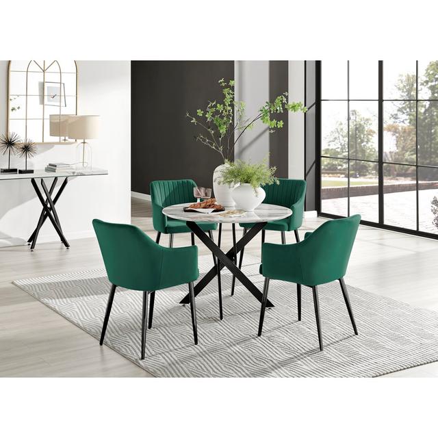 Tierra Modern Chrome Metal & Glass Round Dining Table Set with 4 Luxury Button Velvet Chairs Canora Grey Colour (Chair): Green on Productcaster.