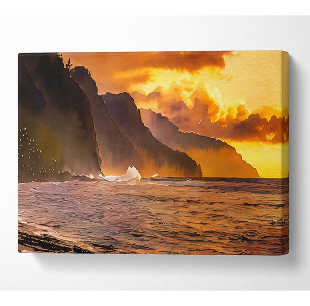 Cliff Sunset Crashing Ocean Canvas Watercolour House of Hampton Size: 101.6cm H x 142.2cm W x 10cm D on Productcaster.