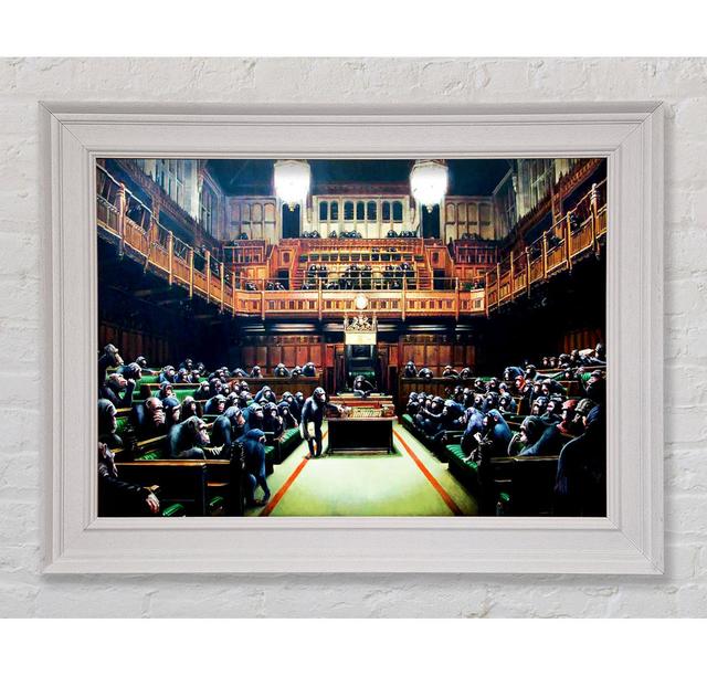 Monkey Parliament Framed Print Happy Larry Size: 59.7cm H x 84.1cm W x 8cm D, Format: Black Framed Canvas on Productcaster.