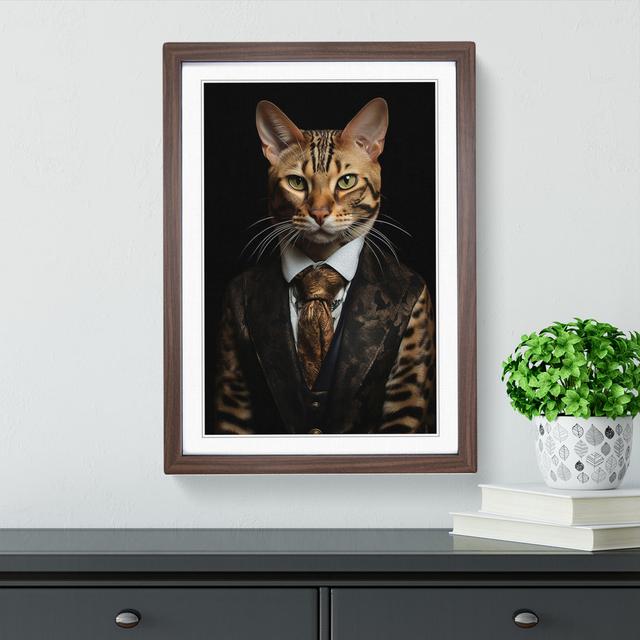 Bengal Cat in a Suit Painting Happy Larry Size: 64cm H x 46cm W x 2cm D, Frame Colour: Walnut on Productcaster.