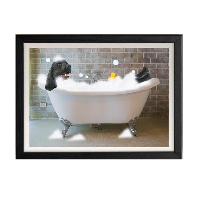 Black Cocker Spaniel In Bath Print - Funny Bathroom Wall Art - Dog On Toilet Picture Maturi on Productcaster.