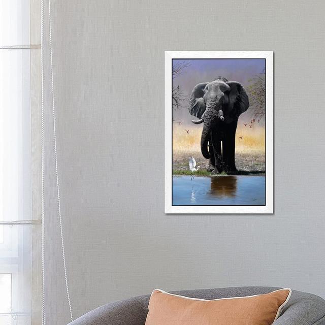 Elephant, Egret & Carmines by Pip McGarry - Graphic Art Print on Canvas East Urban Home Size: 66.04cm H x 45.72cm W x 3.81cm D, Frame Option: White Fr on Productcaster.