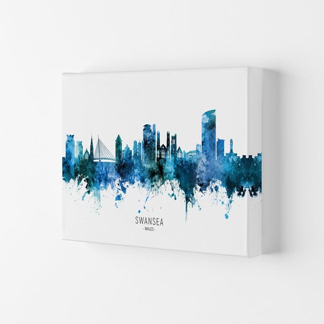 Swansea Wales Skyline Blue City Name by Michael Tompsett - Graphic Art Ebern Designs Size: 21cm H x 29.7cm W x 4cm D, Format: Wrapped Canvas on Productcaster.