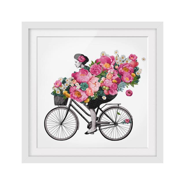 Gerahmtes Poster Illustration Woman on Bicycle Collage Colourful Flowers ClassicLiving Größe: 30 cm H x 30 cm B x 2 cm T, Matte Farbe: Weiß, Format: W on Productcaster.