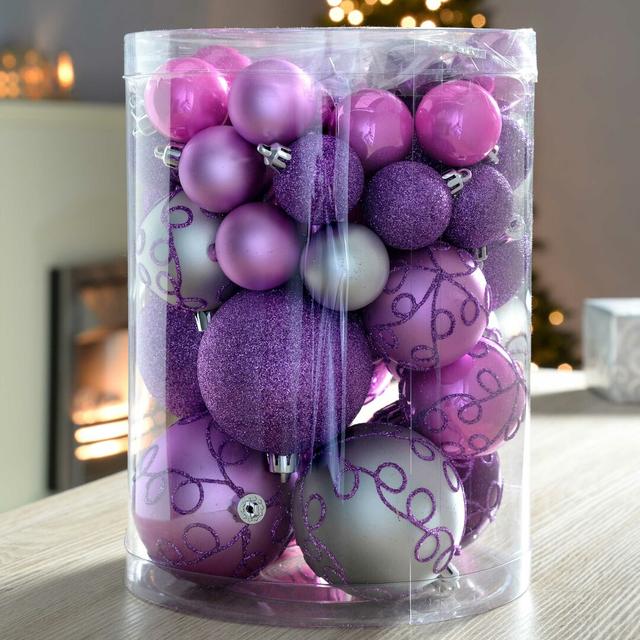 50 Piece Shatterproof Deluxe Christmas Tree Ball Ornament Set The Seasonal Aisle Colour: Purple/Pink/Silver on Productcaster.