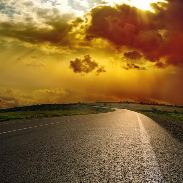 Sunset over Asphalt Road by Mycola - Wrapped Canvas Photograph Ebern Designs Size: 51cm H x 51cm W x 3.8cm D on Productcaster.