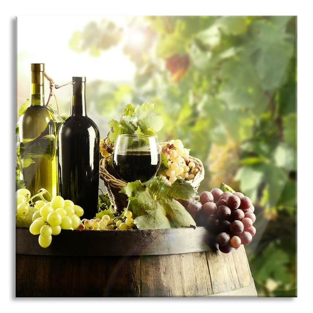 Ungerahmtes Foto auf Glas "Wine Grapes in a Barrel" Brayden Studio Größe: 40 cm H x 40 cm B x 0,4 cm T on Productcaster.