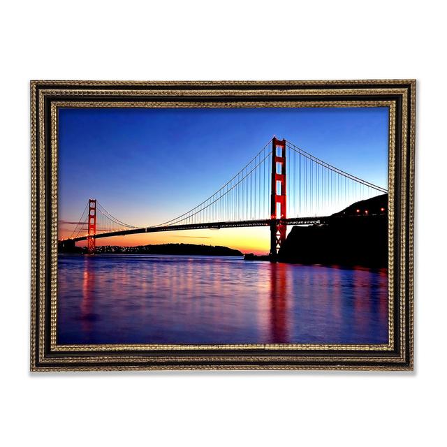 San Francisco Golden Gate Bridge Sunrise Framed Print Ebern Designs Size: 59.1cm H x 84.1cm W x 3cm D, Format: Black Gold Framed Paper on Productcaster.