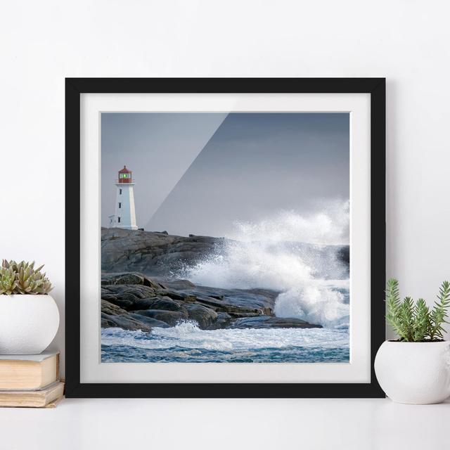 Storm Waves at the Lighthouse - Picture Frame Photograph Longshore Tides Frame Option: Black Framed, Size: 50cm H x 50cm W x 2cm D on Productcaster.