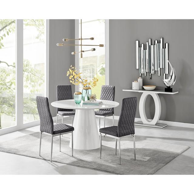 Edzard Statement Pedestal Round Dining Table Set & 4 Luxury Velvet Dining Chairs Furniture Box Chair Colour: Grey/Silver, Table Colour: White on Productcaster.