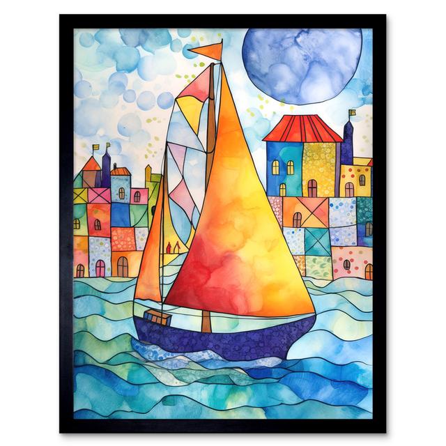 Sailboat By Harbour Folk Art Art Print Framed Poster Wall Decor 12x16 inch Breakwater Bay on Productcaster.