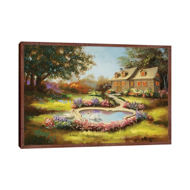 Zwei Schwäne und eine Hütte im Frühling von D. "Rusty" Rust - Galerie-umwickelte Leinwand Giclée ClassicLiving Format: Klassischer Schattenfugenrahmen on Productcaster.