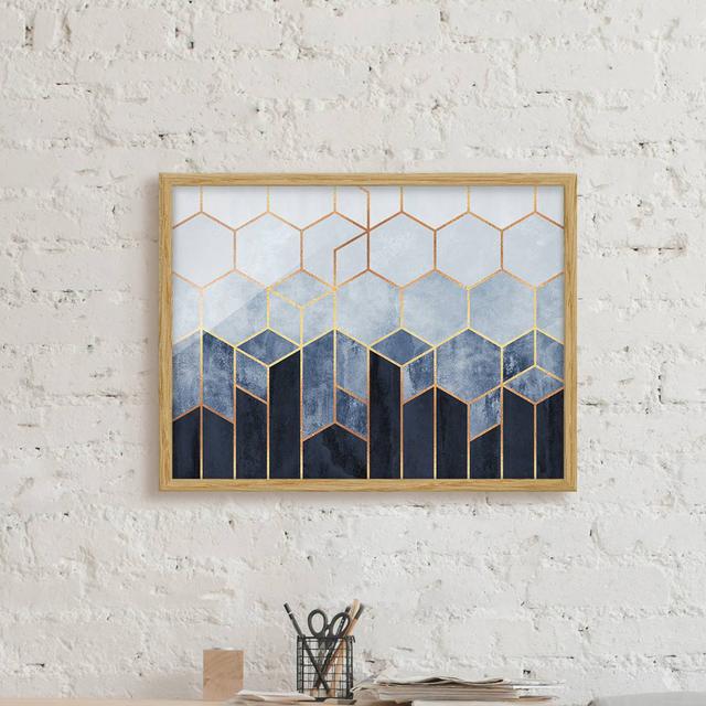 Golden Hexagons Blue White - Picture Frame Graphic Art on Paper Canora Grey Frame Option: Brown Framed, Size: 70cm H x 100cm W x 2cm D on Productcaster.