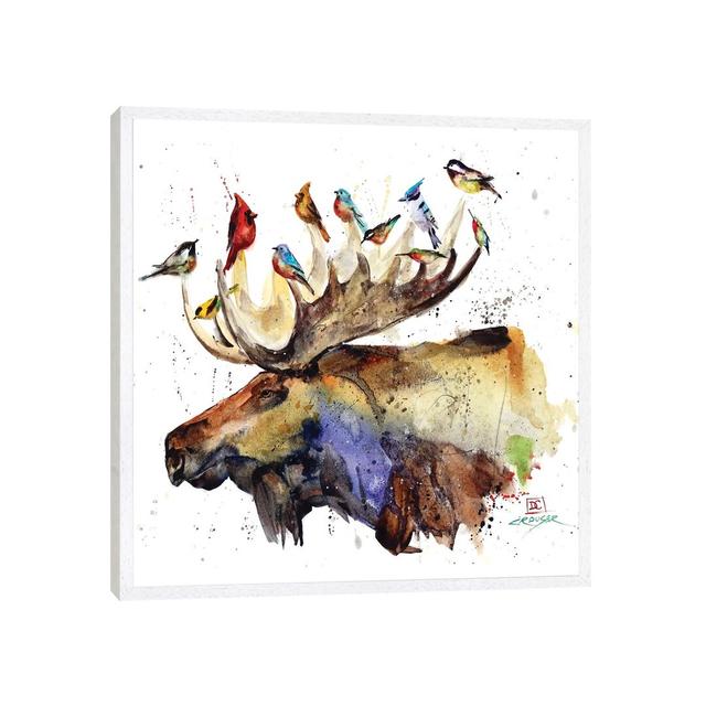 Moose and Birds by Dean Crouser - Painting Print on Canvas Alpen Home Size: 66.04cm H x 66.04cm W x 3.81cm D, Format: White Framed Canvas on Productcaster.