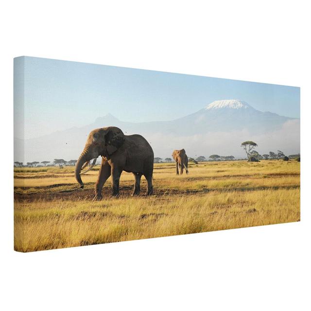 Elephants in Front of Kilimanjaro in Kenya Art Print on Canvas 17 Stories Format: Recycled Canvas 330g/m³, Size: 30cm H x 60cm W on Productcaster.