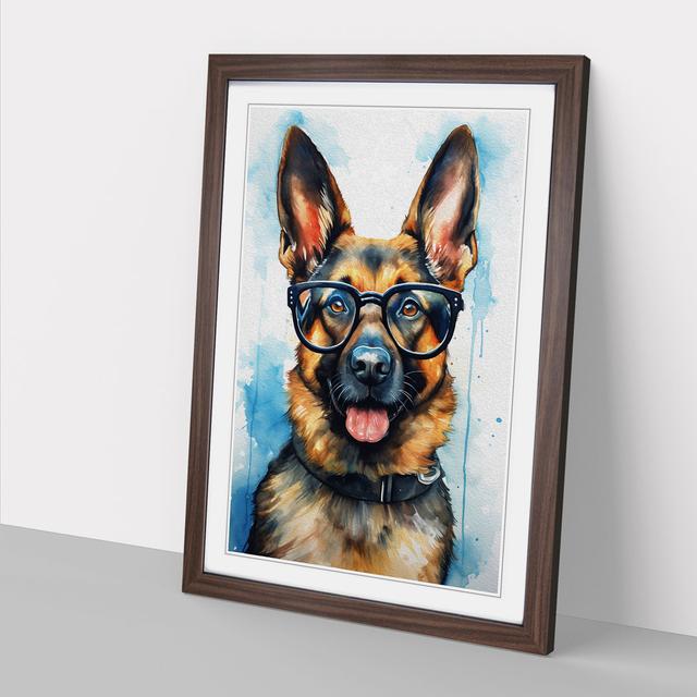 German Shepherd with Glasses Painting Happy Larry Format: Walnut, Size: 34cm H x 25cm W x 2cm D on Productcaster.