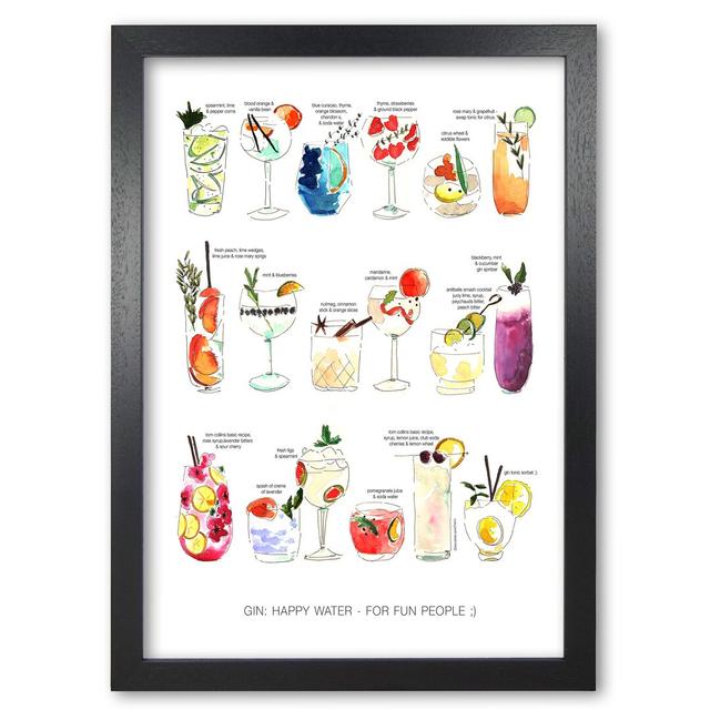 Gin: Happy Water - For Fun People - Print East Urban Home Frame Options: Black Grain, Size: 84.1 cm H x 59.4 cm W x 5 cm D on Productcaster.