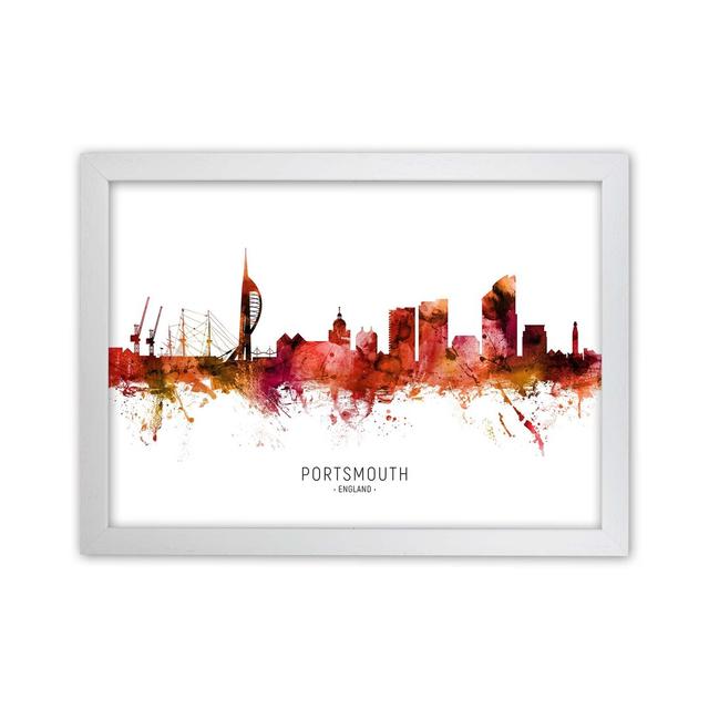 Portsmouth England Skyline Red City Name by Michael Tompsett - Graphic Art Ebern Designs Size: 46cm H x 63cm W x 3cm D, Format: White Framed on Productcaster.