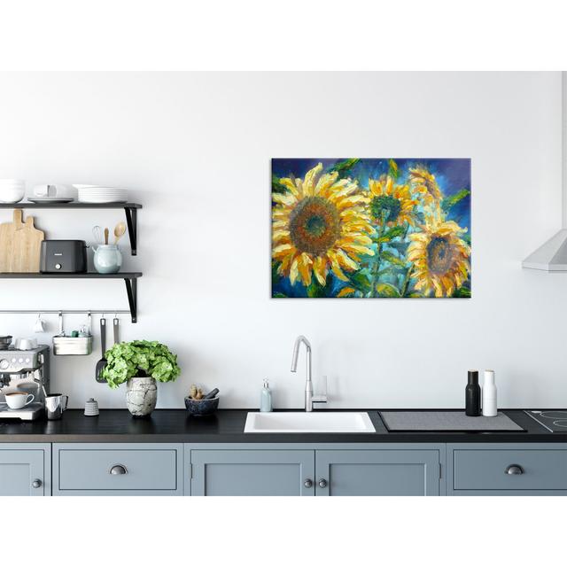 Sunflowers Against A Blue Background - No Frame Painting on Glass August Grove Size: 60cm H x 80cm W x 0.4cm D on Productcaster.