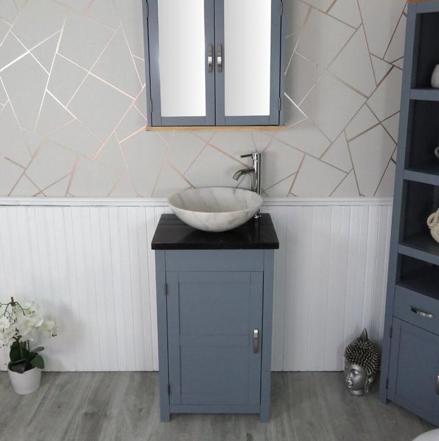 Scroggins 515mm Single Bathroom Vanity with Vessel Stone Basin Brayden Studio Top Finish: Black Quartz, Vanity Unit Colour: Grey on Productcaster.