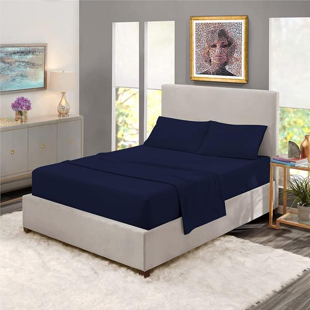 Lilyanah Night Comfort Microfiber 25cm Extra Deep Fitted Bed Sheets 17 Stories Size: Double (4'6), Colour: Navy on Productcaster.