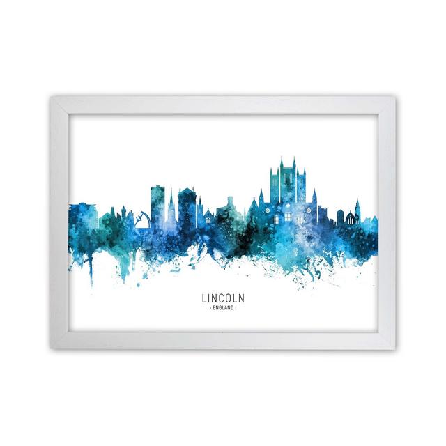 Lincoln England Skyline Blue City Name by Michael Tompsett - Graphic Art Ebern Designs Format: White Framed, Size: 64cm H x 88cm W x 3cm D on Productcaster.