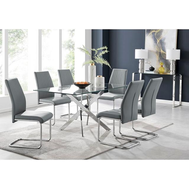 Lenworth Modern Chrome Metal and Glass Dining Table Set 6 Faux Leather Dining Chairs Canora Grey Colour (Chair): Elephant Grey on Productcaster.