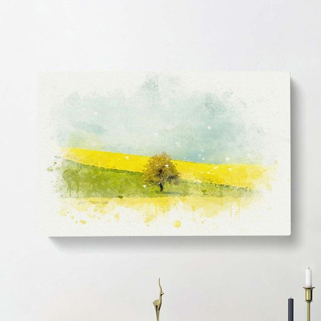 Lone Tree in a Yellow Meadow in Abstract - Wrapped Canvas Painting Print East Urban Home Size: 60cm H x 91cm W x 3cm D on Productcaster.