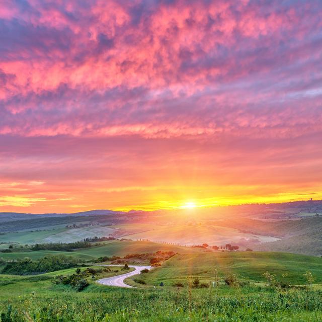 Tuscany Sunrise - Wrapped Canvas Print Ebern Designs Size: 122cm H x 122cm W on Productcaster.