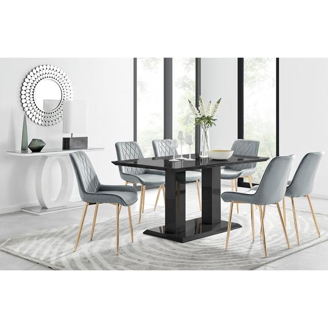 Edzard Double Pedestal High Gloss Dining Table Set with 6 Luxury Velvet Dining Chairs Canora Grey Table Top Colour: Black, Chair Colour: Grey/Gold on Productcaster.