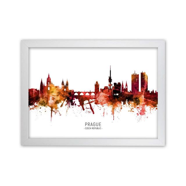 Prague Czech Republic Skyline Red City Name by Michael Tompsett - Graphic Art Ebern Designs Size: 21cm H x 29.7cm W x 3cm D, Format: White Framed on Productcaster.