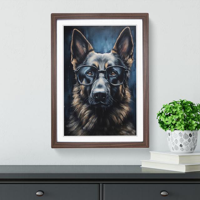 German Shepherd with Glasses Painting No.4 Happy Larry Format: Walnut Framed, Size: 46cm H x 34cm W on Productcaster.