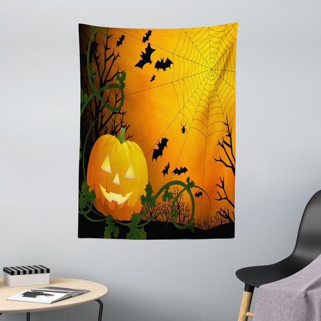 Tapestry, Pumpkin Leaves and Bats, Dark Green Orange Black Die Saisontruhe Maße: 150 cm H x 110 cm B on Productcaster.