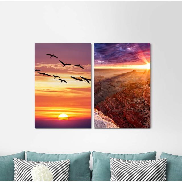 2-tlg. Leinwandbilder-Set - Fotografie „Grand Canyon Usa Flying Birds Horizon Sunset Sunbeams Positive Energy” East Urban Home on Productcaster.