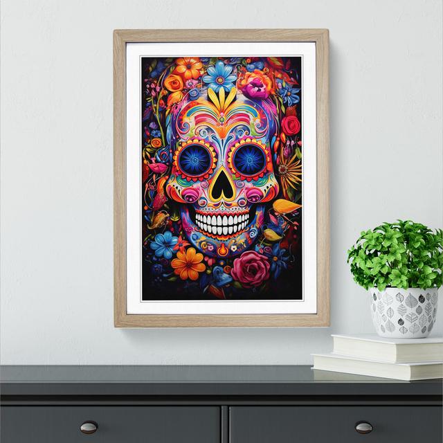 Sugar Skull Expressionism Happy Larry Frame Colour: Oak, Size: 64cm H x 46cm W x 2cm D on Productcaster.