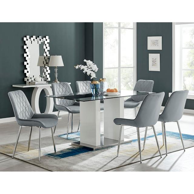 Ransart Modern Luxury Glass & Metal Dining Table Set With 6 Luxury Velvet Dining Chairs Canora Grey Colour (Chair): Grey/Silver on Productcaster.