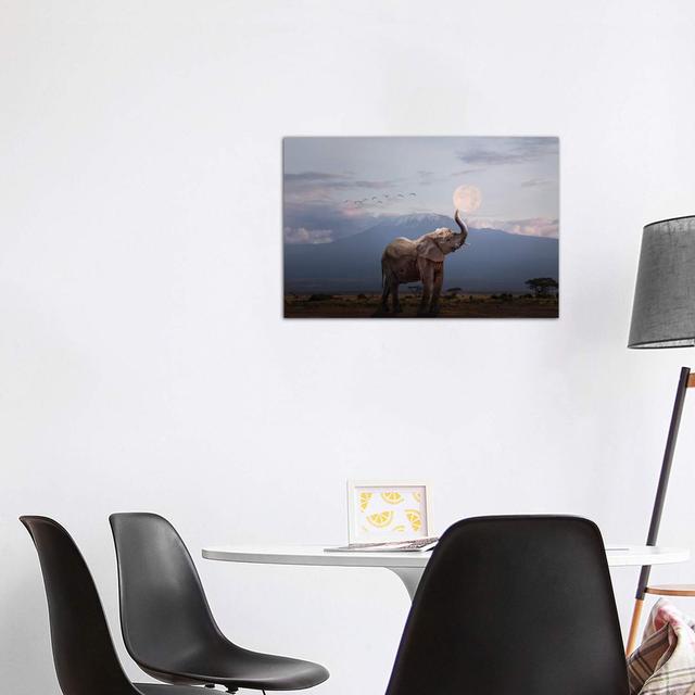 Elephant Holding up Moon in Africa by Susan Schmitz - Wrapped Canvas Photograph Print World Menagerie Size: 66.04cm H x 101.6cm W x 3.81cm D on Productcaster.