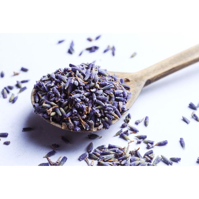 Dry Lavender Flowers in a Wooden Scoop on a White Background - Wrapped Canvas Photograph Ebern Designs Size: 61cm H x 91cm W x 3.8cm D on Productcaster.