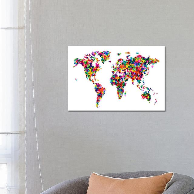 World Map Hearts Multicolor by Michael Tompsett - Print on Canvas 17 Stories Format: White Floater Framed, Colour: Beige/Red/Green, Size: 45.72cm H x on Productcaster.