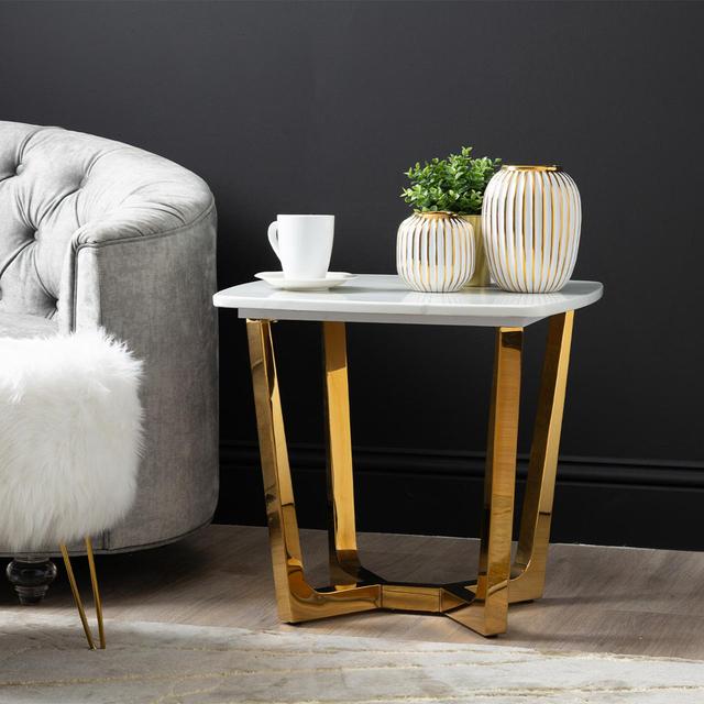 55cm Metal End Table for Living Room Furniture, Modern Sofa Side Table with Marble Top Canora Grey Colour: White/Gold on Productcaster.