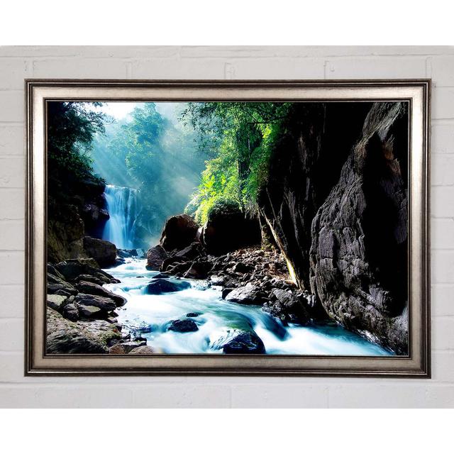 Sunbeams Over The Mountain Waterfall - Print Union Rustic Size: 59.7cm H x 84.1cm W x 1.5cm D, Format: Gunmetal Framed Paper on Productcaster.