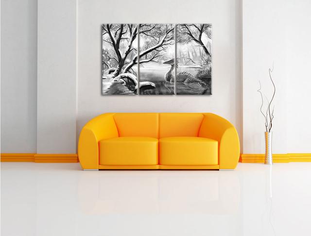 3-tlg. Leinwandbilder-Set „Drache im schneebedeckten Wald“, Grafikdruck East Urban Home on Productcaster.