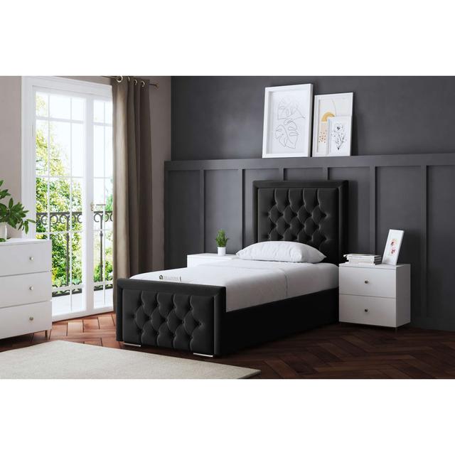 Allegra Upholstered Ottoman Bed with Headboard Canora Grey Size: Single (3'), Colour: Black on Productcaster.