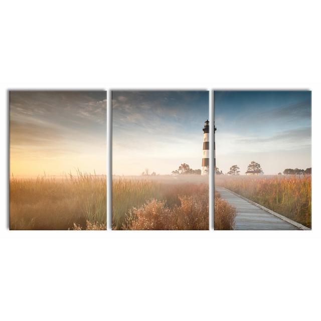 Lighthouse In The Fog - 3 Piece Wrapped Canvas Print East Urban Home Size: 100 cm H x 210 cm W on Productcaster.