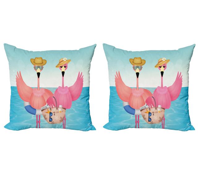 Pillow Cushion Cover, Flamingos on Vacation Art, Multicolor (Set of 2) East Urban Home on Productcaster.